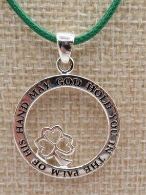 Silver Tone Inspirational Shamrock Circle Pendant Green Corded Necklace